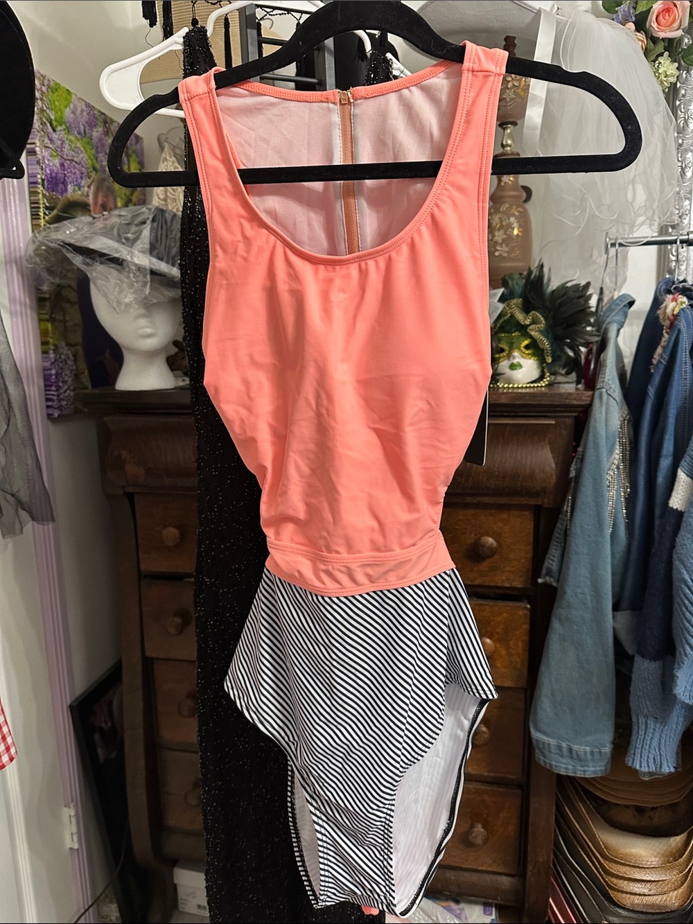 Coral Front-Zip One-Piece Swimsuit with Black & White Striped Skirt